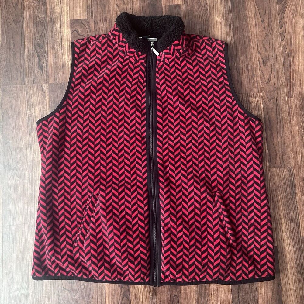 Karen Scott Fleece Vest 1X Herringbone Red Black Full Zip Pockets Christmas